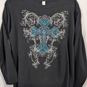 Anvil Black Long Sleeve Shirt with Blue and Silver Design